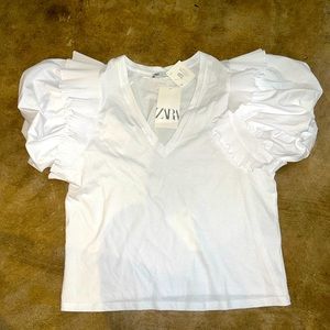 Zara White Ruffle Puff Balloon Sleeve V-Neck Top Tee